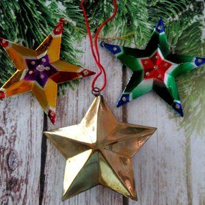 Christmas star ornaments - brass & multi colored